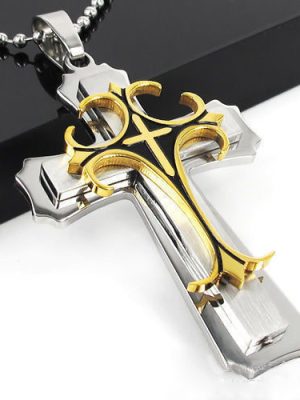 New Two-Layer Oil Dripping Personality Black and Golden Cross Men's Round Beads Chain Pendant Necklace Clothing Cross
