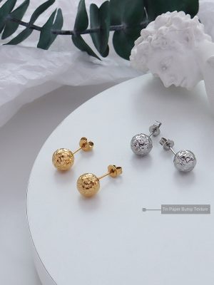 Marka French Style Personality Tin Foil Ball Design Ear Studs Stainless Steel 18K Gold Earrings Small Jewelry for Women