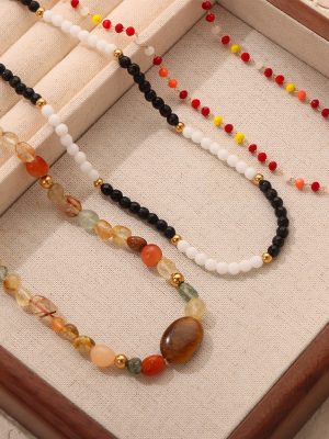 New Retro Affordable Luxury Stainless Steel Gold-Plated Natural Stone Agate Handmade Beaded Necklace Ornament