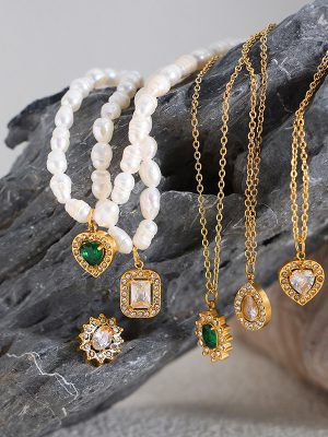 New Vintage Temperament Entry Lux Freshwater Pearl French Pendant Necklace Stainless Steel Studs Jewelry Set