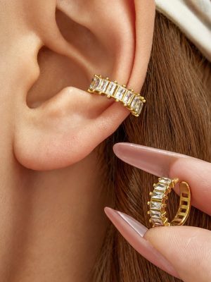 Square Row Zircon C- Shaped Earrings Stainless Steel Gold-Plated Advanced Ornament Non-Piercing Ear Clip Women