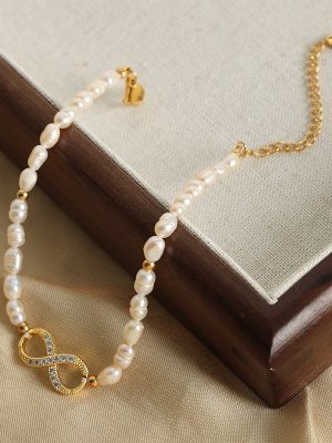 Baroque Natural Freshwater Pearl 8-Word Diamond-Embedded Stainless Steel Bracelet Temperament Elegant Accessories Women