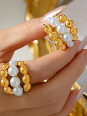 French Elegant Simple Temperamental All-Match Personality Ornament Beading Stitching Design Stainless Steel Gold-Plated Multi-Layer Ring