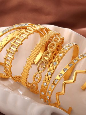 Gold Multi-Style Bracelet Woven Texture Diamond-Studded Design Twin Open Bracelet