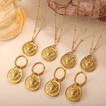 Retro Roman Lion Pendant Earrings Stainless Steel 18K Gold Plating All-Match Necklace Set for Women