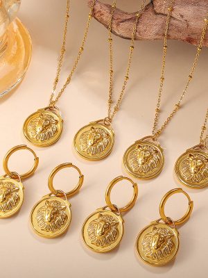 Retro Roman Lion Pendant Earrings Stainless Steel 18K Gold Plating All-Match Necklace Set for Women