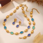 Oval Opal Necklace Bracelet Earrings Stainless Steel 18K Real Gold Set Jewelry