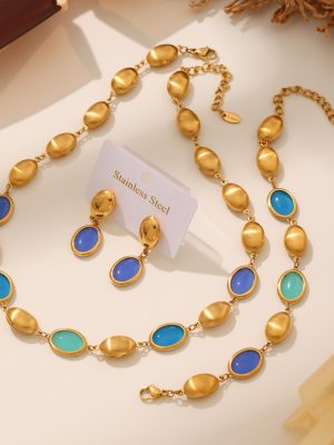 Oval Opal Necklace Bracelet Earrings Stainless Steel 18K Real Gold Set Jewelry