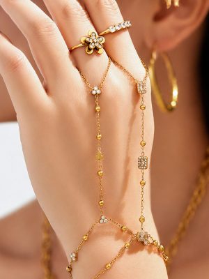Female Accessories Exquisite Inlaid Zircon Stainless Steel Plated 18K Gold Finger Bracelet