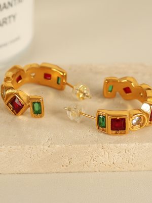 New Stainless Steel 18K Gold Plating Natural Stone Square Stud Earrings Simple Elegant Design Earrings