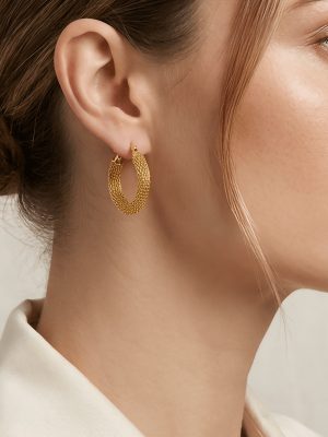 High-end gold wave-pattern stainless steel ear rings, exaggerated versatile twisted-branch earrings, mesh-pattern woven women's ear rings.