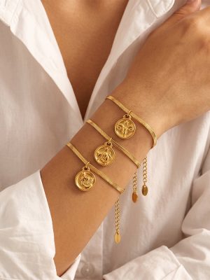 Vintage Twelve Constellation Embossed round Plate Pendant Blade Chain Bracelet 18K Gold Plating Simple Hand Jewelry