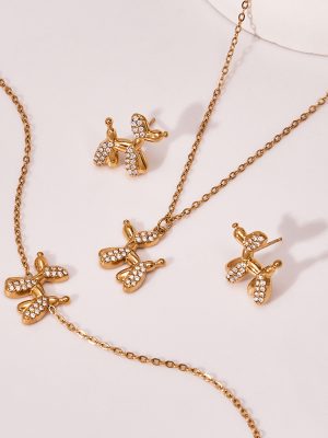 Cute Balloon Dog Micro Inlaid Zircon Stainless Steel Bracelet Earrings Necklace Women's Simple All-Match Jewelry Suit