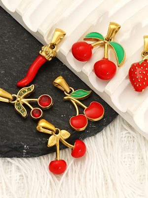 Stylish, high-end, versatile summer fruit necklace with strawberry and cherry drop-pendant design for women.