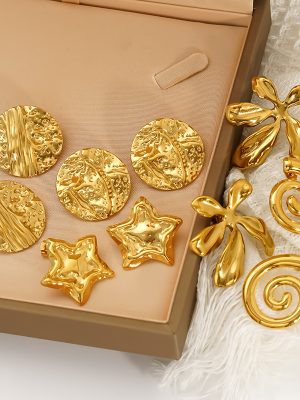 Stainless Steel Gold Advanced Leaves Pentagram Stud Earrings Female Personalized All-Match Accessories