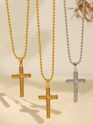 Retro Unisex Stainless Steel Plated 18K Gold Embossed Cross Pendant Necklace Couple