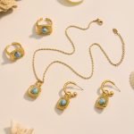 Natural Turquoise Square Necklace Earrings Open Ring Stainless Steel 18K Gold Set for Women