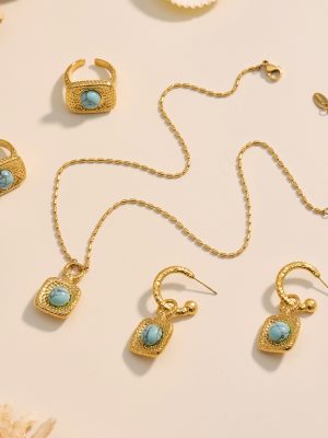 Natural Turquoise Square Necklace Earrings Open Ring Stainless Steel 18K Gold Set for Women