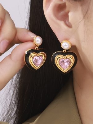 French Style Imitation Pearl Love Three-Dimensional Glass Stone Full Ear Studs Light Luxury Copper Earrings