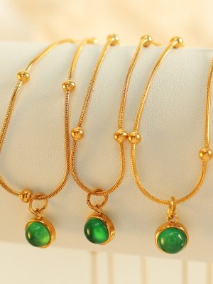 French Retro Green Aventurine Stone Pendant Necklace Stainless Steel Plated 18K Gold Stacked Wear Clavicle Chain Jewelry