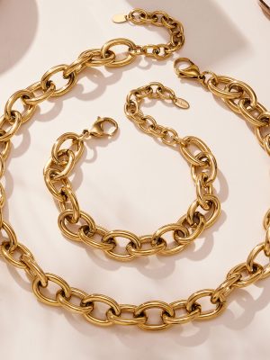 Heavy Industry Bold Stainless Steel Cuban Chain Bracelet Clavicle Chain Plated 18K Real Gold Jewelry