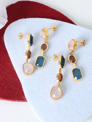 Personalized Design Stainless Steel Non-Fading Earrings Asymmetric Inlaid Crystal Color Ornament Women