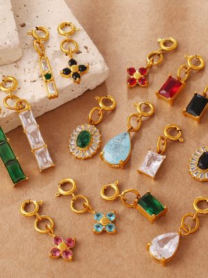 Retro Affordable Luxury Geometric Square Color Zircon Jewelry Buckle Pendant Stainless Steel Plated 18K Gold DIY Accessories