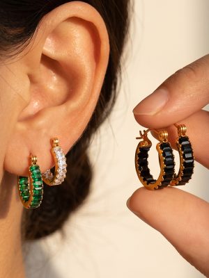 Retro Affordable Luxury Multi-Color Blocks Zircon C- Shaped Earrings Stainless Steel 18K Gold Plating Circle Earrings
