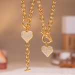 5A Heart-Shaped Zircon Pendant OT Buckle Clavicle Necklace, Bracelet Set Stainless Steel Gold Plated Ornament