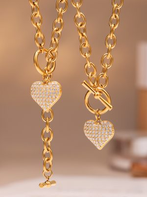 5A Heart-Shaped Zircon Pendant OT Buckle Clavicle Necklace, Bracelet Set Stainless Steel Gold Plated Ornament