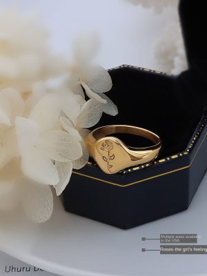 Marka French Style Grid Ring Rose Flower Ring Forefinger Ring Stainless Steel 18K Gold Little Finger Ring
