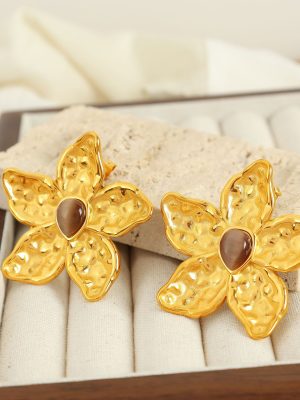 High Profile Retro Flower Design Earrings 18K Gold Plating Stainless Steel Tigereye Golden Earrings