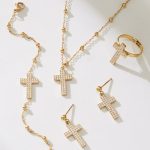 Vintage Inlaid Zirconium Cross Pendant Bracelet Ring Earrings Necklace 18K Gold Plating Jewelry