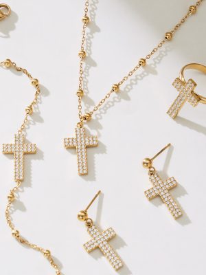 Vintage Inlaid Zirconium Cross Pendant Bracelet Ring Earrings Necklace 18K Gold Plating Jewelry