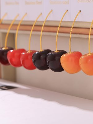 Fresh Cherry Long Earrings Female Personality Stainless Steel Resin Cherry Creative and Elegant Earrings