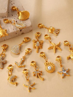 Summer Ocean Series Diamond Starfish Dolphin Lobster Buckle Pendant Stainless Steel DIY Vacation Accessories
