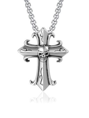 Gothic Vintage Cross Ghost Head Men's Stainless Steel Pendant Necklace Hipster Punk Jewelry