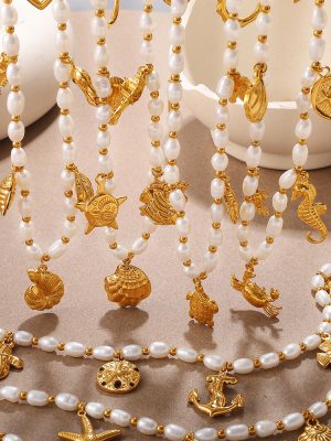 Bohemian Vacation Freshwater Pearl Marine Life Pendant Necklace 18K Gold Plating Necklace Women