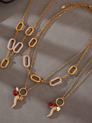 Pepper Zircon Pendant Necklace Stainless Steel 18K Gold Plating All-Match Rectangular Clavicle Chain