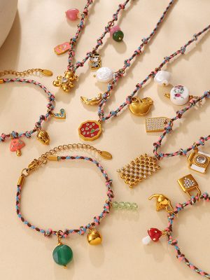 Summer Vacation Dopamine Girl Heart Woven Colorful Ropes DIY Diverse Pendant Bracelet Necklace Jewelry Set