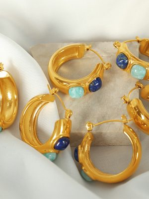 Earrings High-Grade Light Luxury Natural Stone Earrings Stainless Steel Gold Plated 18K New Chinese Style National Fashion Vacation Female C- Shaped