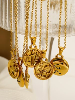 18K Gold Stainless Steel round Double-Sided Wear 12 Constellation Necklace Women's Light Luxury Clavicle Chain Pendant
