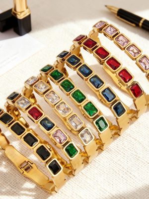 Super Flash Square Czech Glass Buckle Bracelet PVD Gold Plated Light Luxury Stainless Steel Bracelet