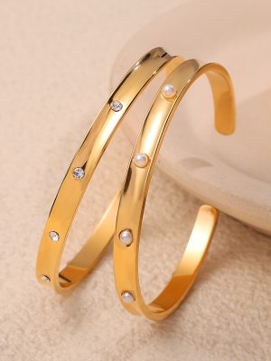 Full Diamond Simple C- Shaped Open-Ended Bracelet Non-Fading Light Luxury Style