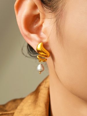 French Retro Spiral Fresh Water Pearl Earrings Stainless Steel Plated 18K Real Gold Ocean Ear Rings