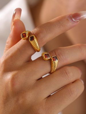 RETRO Geometric Jacinth Ring Opening Does Not Fade Index Finger Ring Light Luxury Cold Copper Material Ornament