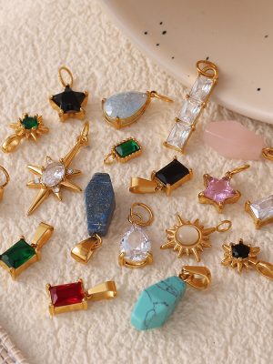 18K Gold Plating Geometric Colored Gem Rectangle Five-Pointed Star Necklace Pendant Ornament DIY Ornament Accessories for Women