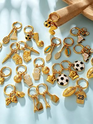 Retro Sports Ball Racket Shape DIY Pendant Earrings Stainless Steel 18K Gold Plating Earrings for Women