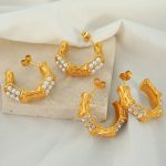 Retro Stainless Steel Bamboo Rhinestone Pearl Earrings Advanced C- Shaped Ear Ring All-Match Earrings Unique
