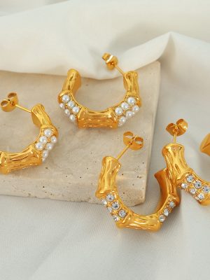 Retro Stainless Steel Bamboo Rhinestone Pearl Earrings Advanced C- Shaped Ear Ring All-Match Earrings Unique